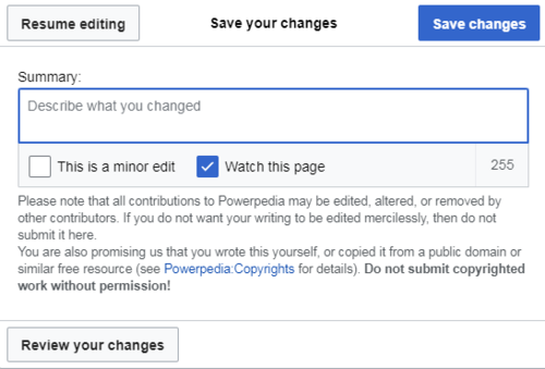 Screenshot showing where to add an Edit Summary in Visual Editor