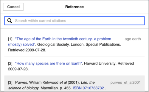 An example of the list of references available for reuse
